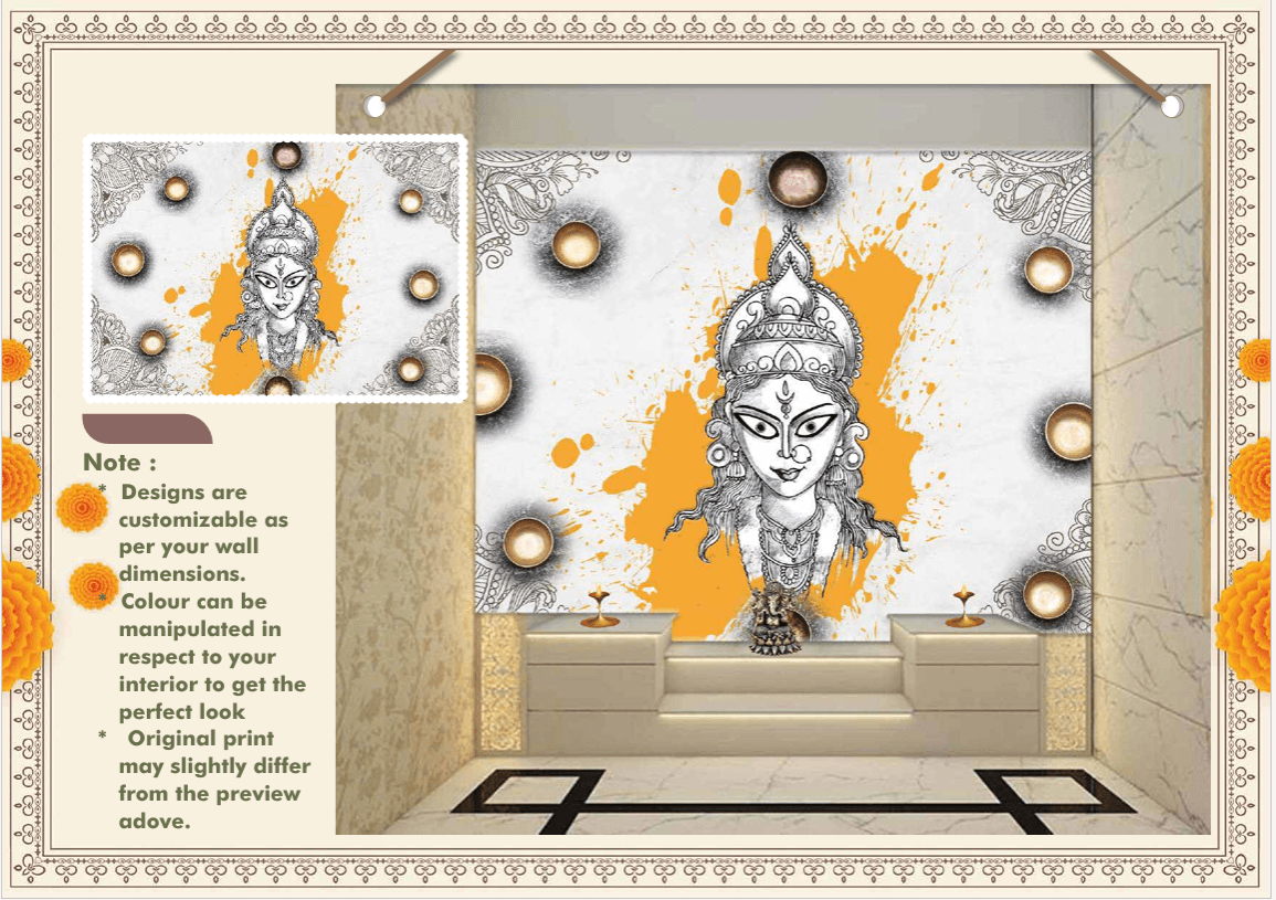 Maa Durga custom blind design preview in a pooja room setting
