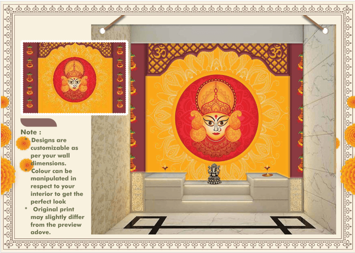 Custom Devi mandala wallpaper concept in saffron, red and maroon tones