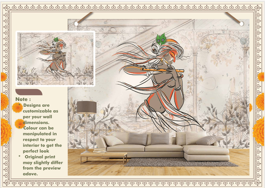Custom Krishna flute mural wallpaper concept behind a neutral sofa