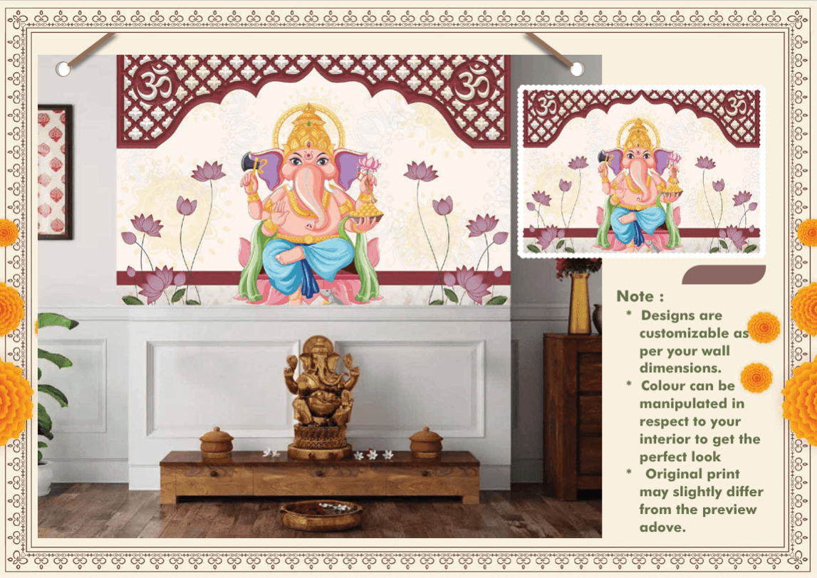 Custom Ganesha wallpaper concept with lotus details and a warm home mandir setting