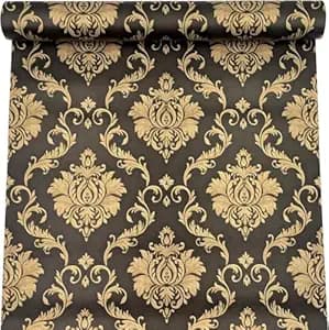 Black and gold damask wallpaper pattern swatch