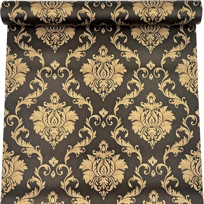 Black and gold damask patterned wallpaper roll