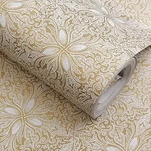 Gold on cream damask wallpaper pattern swatch