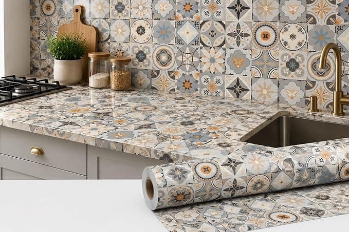 Moroccan tile pattern self-adhesive wallpaper used as a kitchen backsplash