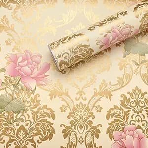 Cream and gold damask wallpaper with pink peony blooms